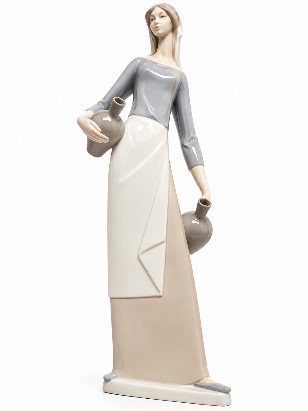 Vintage NAO by Lladró 16” Porcelain Woman Carrying Water Jugs Figurine Spain